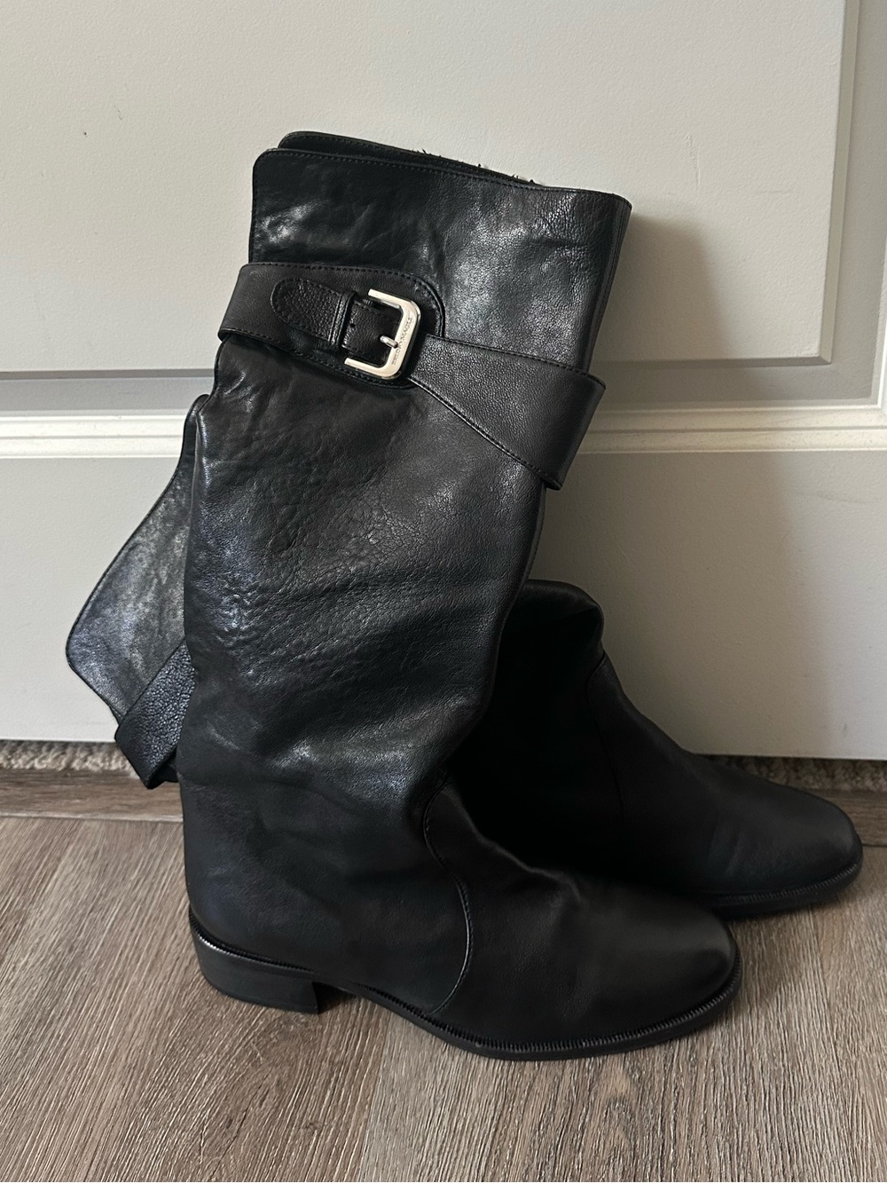 Bruno Magli Women Black Leather Knee-High Boots with Buckle Made In Italy Sz 37